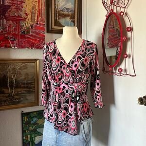 jtb pink black curl v neck long sleeve blouse